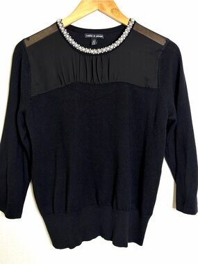 Cable & Gauge Black Sweater rhinestone Pearl Embellished Neckline Sz L top